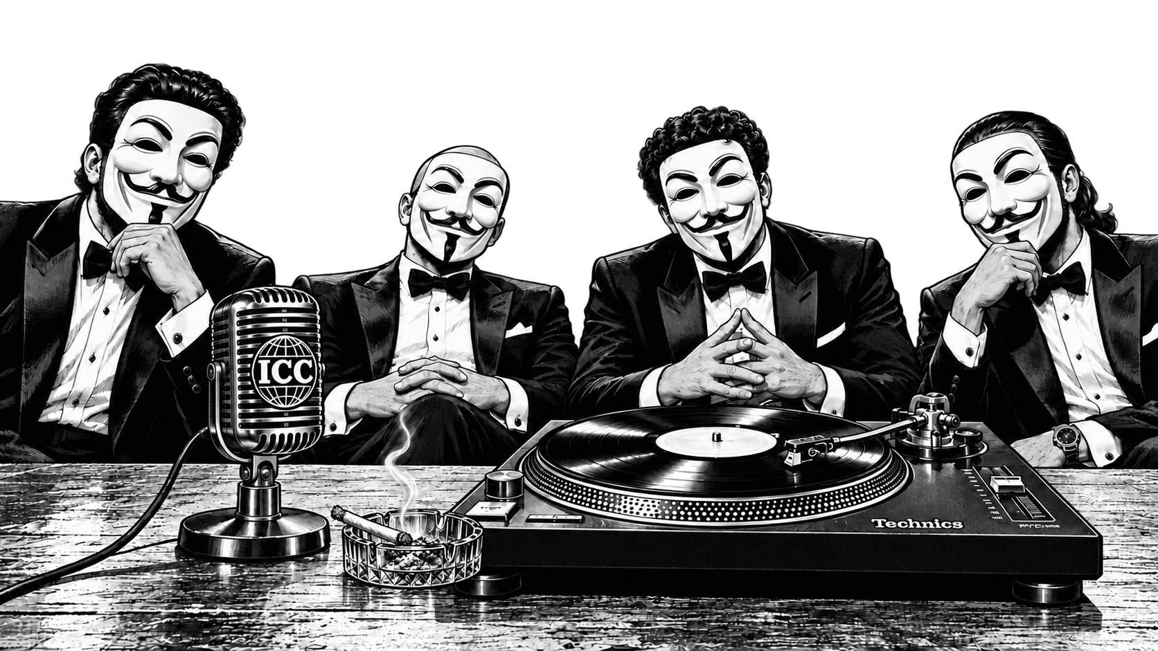Four tuxedo-clad men in Anonymous masks at a table with an ICC vintage microphone, a smoking roll-up in an ashtray and a Technics turntable.